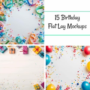 Maqueta de cumpleaños con diseño plano, paquete de 15 globos y cintas de regalo, diseño digital plano, maqueta de tarjeta de invitación