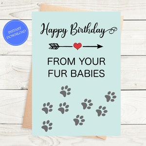 犬からの誕生日カード 毛皮の赤ちゃんからのハッピーバースデー インスタントダウンロードカード ペットデジタル折りたたみ式グリーティング 5 x 7 印刷可能な猫の誕生日カード