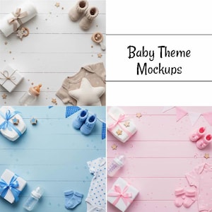 May include: A collage of baby-themed mockups with a white background, blue background, and pink background. The image includes baby clothes, booties, bottles, gift boxes, and a star-shaped pillow. The text "Baby Theme Mockups" is displayed.