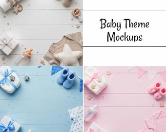 Baby Flatlays Mockup Shower Bojo Photography Set Flat Lay Baby Shower Product Background Kids Backdrop Children Table Blank Digital Styled