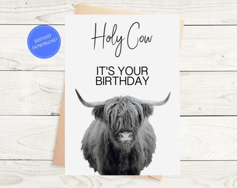 Holy Cow Instant Download Birthday Card, Highland Cow Farm Animal Lover Digital Foldable Greeting Card, 5 x 7 Printable Card