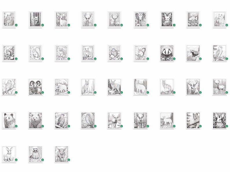 May include: A set of 36 black and white illustrations of various animals, including a bear, a deer, a wolf, a fox, a rabbit, a squirrel, a bird, and a raccoon. The illustrations are drawn in a realistic style and are perfect for coloring or use in craft projects.
