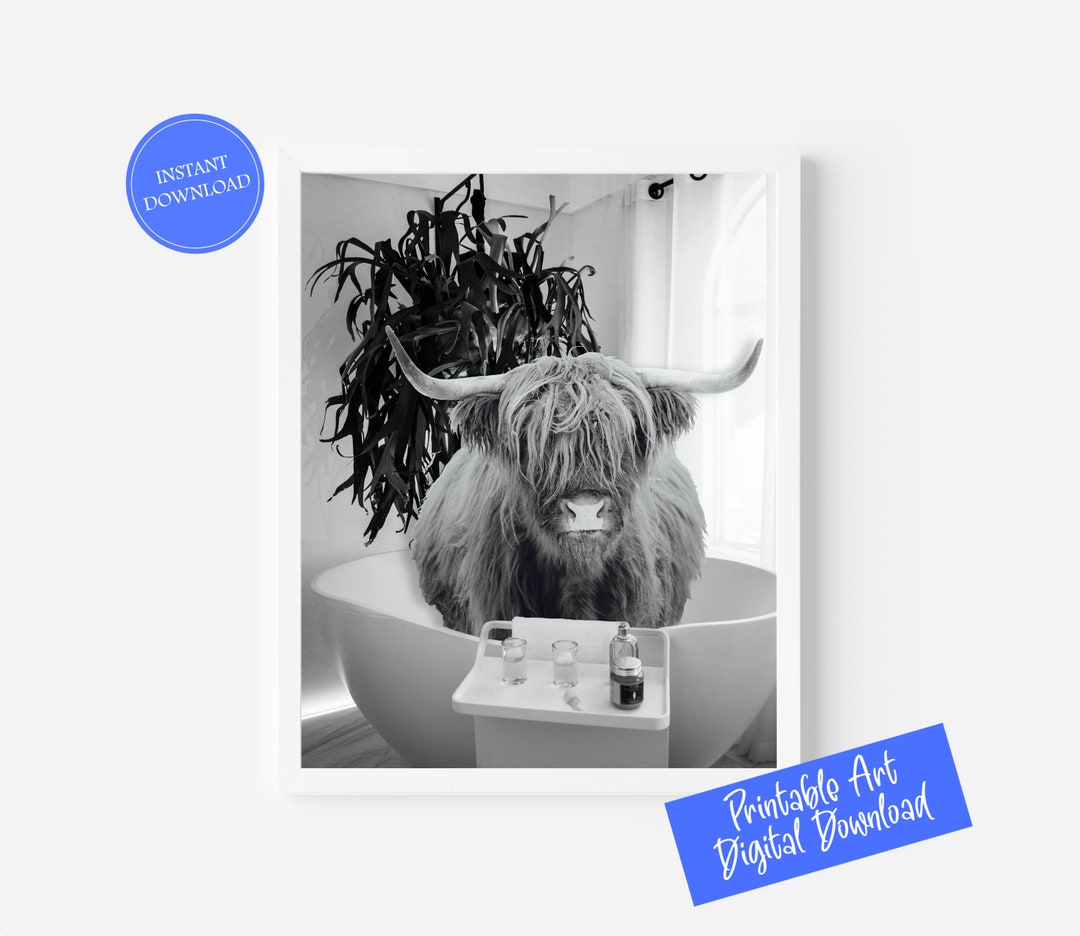 Highland Cow in Bathtub Printable Wall Art Farmhouse Bathroom Etsy