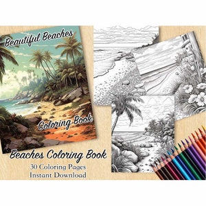 Strand Meer Ozean Meerlandschaft Malbuch Seite Set, Erwachsene Kinder Surf Sand Tropisch Sofortiger Download 30 Bilder, Graustufen, druckbare PDF-Datei