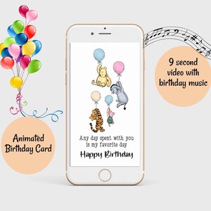 Carte d'anniversaire animée Winnie l'ourson E-carte musicale vidéo Joyeux anniversaire numérique Winnie électronique Téléchargement instantané Téléphone Réseaux sociaux