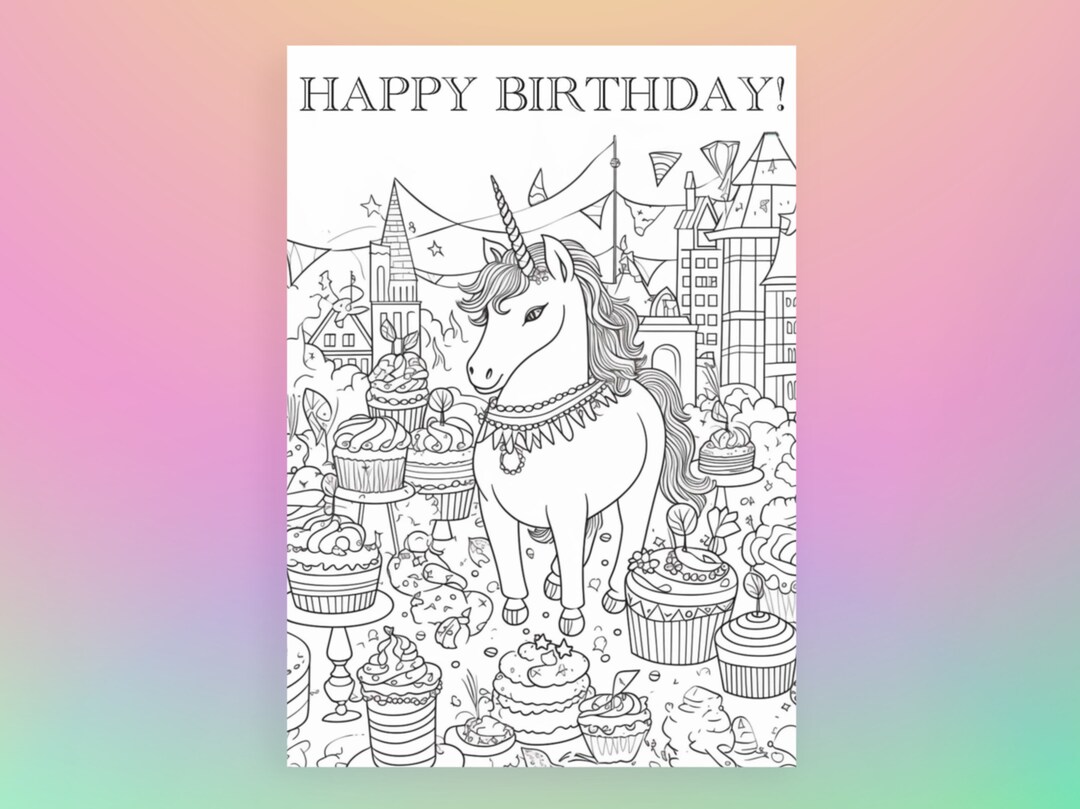 Unicorn Coloring Kids Instant Download Birthday Card, Digital Foldable ...