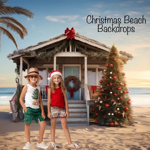 Christmas Beach Background Backdrop for Photography, 7 JPG Ocean Sea Sand Cottage Stores Homes Tropical Summer Overlay Digital Downloads