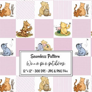 May include: A seamless pattern featuring Winnie the Pooh characters in a patchwork design. The design includes illustrations of Pooh, Tigger, Piglet, and Eeyore, set against pink and white squares. The text "Seamless Pattern Winnie pink patchwork" is displayed.