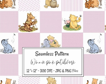 Winnie the Pooh Watercolor Seamless Pattern Pink Patchwork Nursery Classic Pooh Digital Download Girl Quilt Bear Baby Shower Pink Girly