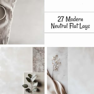 Könnte beinhalten: Eine Collage aus vier Bildern mit neutralen Farbpaletten und schlichtem Stil. Die Bilder zeigen eine weiße Keramikschüssel auf einem hellgrauen Stoff, einen Zweig weißer Blumen auf einer hellgrauen Oberfläche, einen Zweig grüner Blätter auf einer hellgrauen Oberfläche und ein Stück weißen Stoffes auf einer hellgrauen Oberfläche. Der Text "27 Modern Neutral Flat Lays" ist in schwarzer Schrift auf weißem Hintergrund dargestellt.