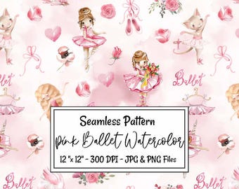 Pink Ballerina Seamless Pattern Ballet Nursery Digital Paper Watercolor Pink All over Print Baby Shower Pattern Digital Download Repeat Tutu