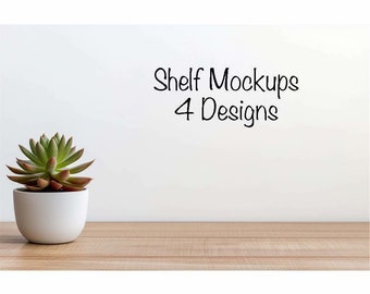 Shelf with Succulent Plant Product Background Mockup Digital Styled Display, 4 Designs Minimalistic Wood Table Stock Blank Wall Interior