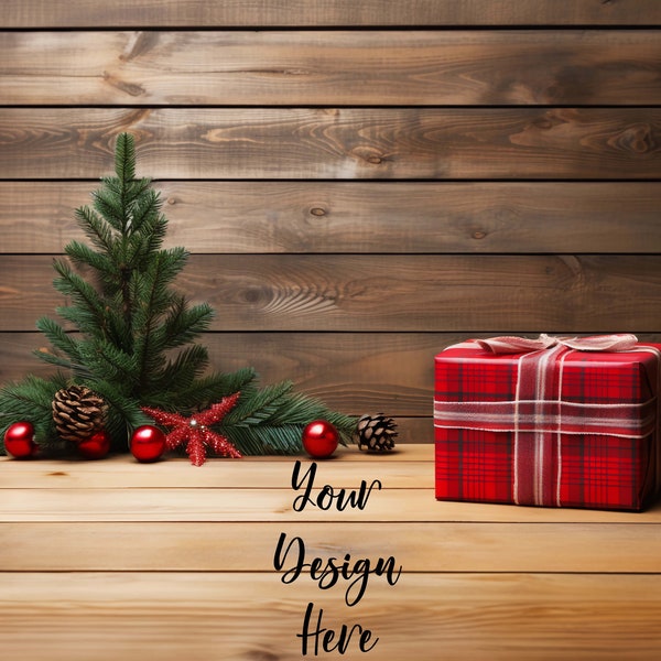 3 Christmas Product Mockup Backgrounds , Wood Table Top Shelf Digital Styled Display,Holiday Stock Photography, Presents Gifts Buffalo Plaid