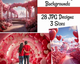 Valentine's day Background Backdrop Bundle, 28  Love Balloon Floral Wedding Digital Downloads, Hearts Romantic Red Pink Maternity Studio