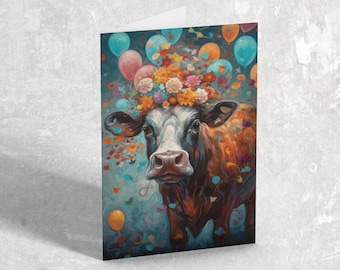 Cow with Balloons Instant Download Birthday Card, Digital Foldable Greeting Card, 5 x 7 Printable Card, Farm Animal Floral Whimsical Art