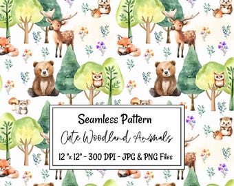 Cute Woodland Animal Seamless Pattern, Digital Paper Watercolor, Nursery Child Room Fabric Sublimation All over Print, Forest Bear Moose Fox
