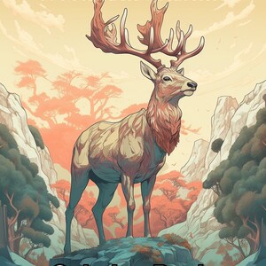 May include: A coloring book cover featuring a large, detailed illustration of a deer with large antlers standing on a rock in a forest setting. The title "Woodland Animals Coloring Book" is at the top of the image.