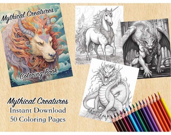 Paquete de páginas de libros para colorear de criaturas folclóricas míticas, animales legendarios de fantasía mística Descarga instantánea de 50 imágenes, archivo PDF imprimible