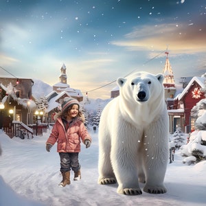 3 Christmas Polar Bear Background Backdrop for Photography, Winter Holiday Baby Bear North Pole Village Snow Overlay Digital Downloads
