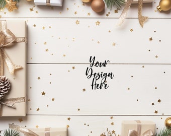 Christmas Gold & Silver Flat Lay, 5 Gifts Product Mockup Background Bundle, Digital Styled Display,Holiday Presents Flatlay Metallic