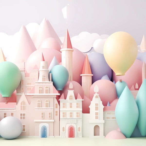 2 Castle Hot Air Balloons 3D Background Backdrop for Photography,  Colorful Pastels  Child Birthday Kids Digital Downloads ,  Photoshop