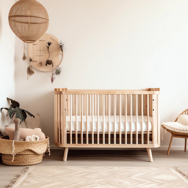 Boho Kinderzimmer Krippe Mockup Hintergrund Leere Wände Für Rahmen Kunst, Kinderzimmer Innen Hintergrund Minimalistische Photoshop Kunstwerk an der Wand