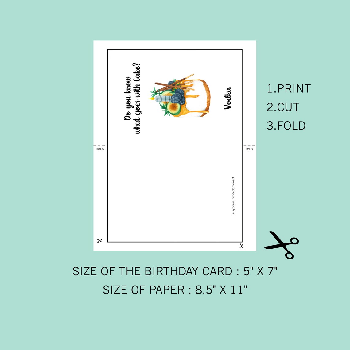 Funny Cake Vodka Instant Download Birthday Card, Digital Foldable
