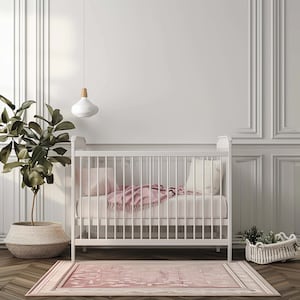 Rosa barnrumsinredningsmodell, 5 spjälsängar, tomma, tomma väggar, konstram, bakgrund, stockfoto, häng konstverk, modern bakgrund, Photoshop, babyshower