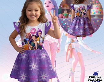 Huntrix Ruffle Sleeve Dress for Kids, Kpop Demon Hunters Dress, Rumi Mira Zoey Party dress, Gift for Huntrix fan