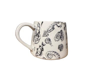 Black and White Seafood Mug – Handcrafted Shabby Chic Stoneware Coffee Cup 16oz