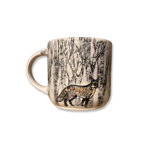 Fox in a birch forest mug 12oz coffee cup ceramic artisan stoneware hand painted pottery