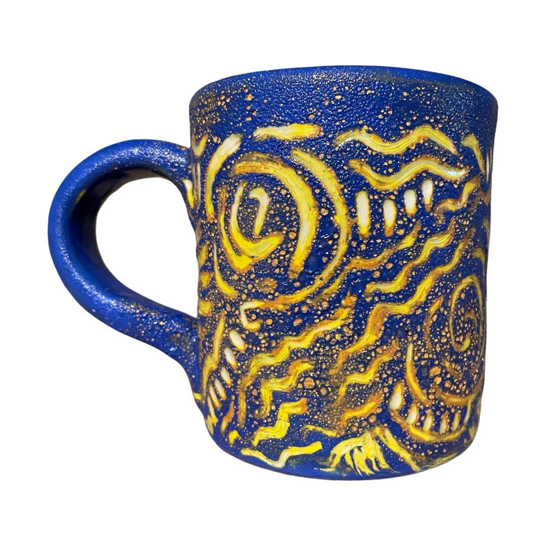 Hand Carved Pottery Mug (14oz): Textured Blue, Orange & Yellow Stoneware