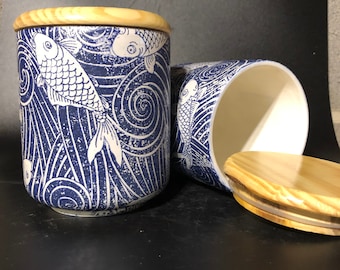 Handmade Ceramic Jar: Asian-Inspired Fish Print with Wood Lid