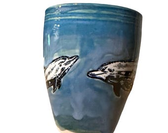 Artisan Dolphin Pottery Mug: Playful Ceramic Stoneware Cup Dark Blues