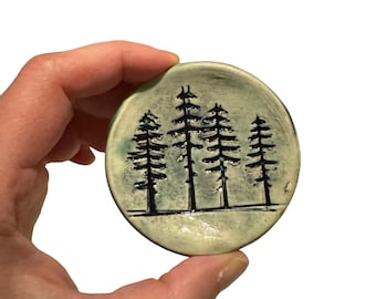 Small 2” pine tree forest ceramic ring dish bowl - textured stoneware little jewelry plate