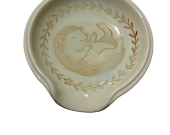 Shabby Chic Happy Hedgehog Spoon Rest: blue and brown Ceramic Pottery, Conservation Support