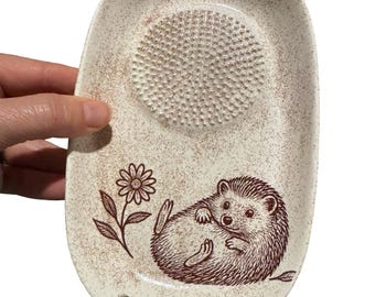 Hedgehog Ceramic Garlic Grater and Herb Stripper Plate: Beige and Brown Country Kitchen Pottery (Pre-order)