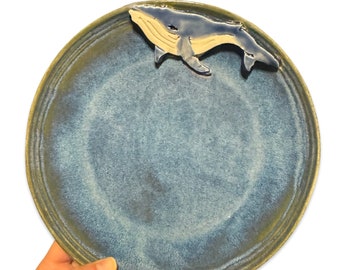 3D humpback whale plate  - 8” ceramic stoneware decorative and functional dinner or serving plate - artisan handmade pottery - blue float