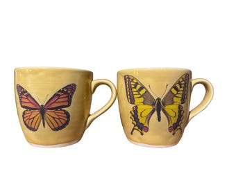 Beautiful butterflies ceramic coffee mug (14oz) hand painted Yellow pottery for conservation w/ swallowtail or Monarch