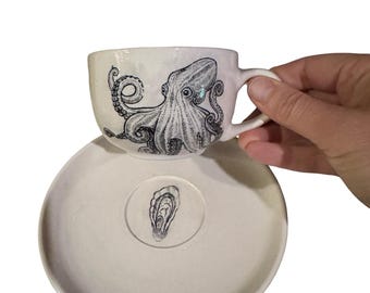 Black and white octopus tea cup / 6oz coffee cup ceramic stoneware mug with oyster print plate