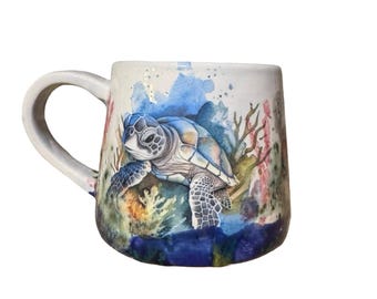Sea Turtle Art Mug #5 | 16 oz Ceramic Coffee Mug | One of a Kind Blue Ocean Pottery | Low Fire Stoneware Gift