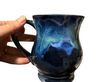 Aurora Borealis northern lights in blue, green and black mugs - large hand painted ceramic stoneware coffee cups (16oz) with organic waves