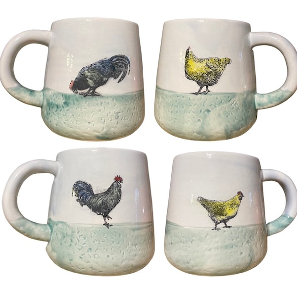 tasse de cour de poulet d'inspiration vintage - grande tasse à café en forme d'oeuf de 16 oz - tasse en grès céramique avec poule et coq