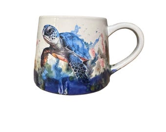 Sea Turtle Art Mug #8 | 16 oz Ceramic Coffee Mug | One of a Kind Blue Ocean Pottery | Low Fire Stoneware Gift (discounted second)