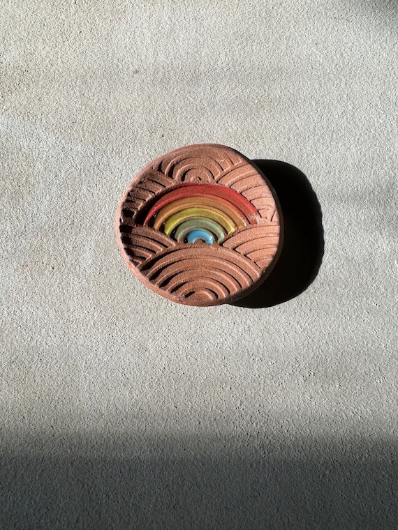 Handmade Stoneware Ring Dish: Rainbow Ceramic Jewelry Plate (2 inch)