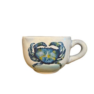 Blue crab 5oz double shot espresso coffee cup on white gloss ceramic stoneware - handmade pottery