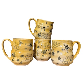 Oversized (20oz) bee beehive coffee mugs hand painted ceramic stoneware pottery - black bees and comb and yellow drippy honey effect glaze