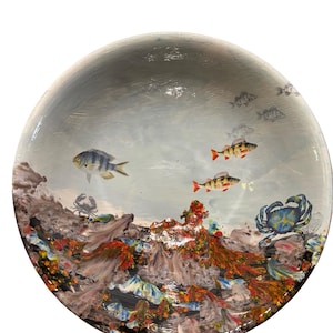 Large one of a kind aquarium ceramic serving bowl in red with fish and blue crab in a sea of colorful corals - handmade artisan (14”w x 5”h)