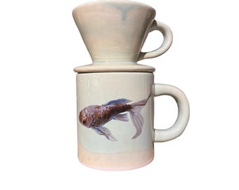 Goldfish Koi Ceramic Pour Over Coffee Dripper & Mug Set | Coastal Stoneware 14oz