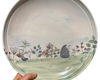 Hedgehog in field - 11” round ceramic stoneware decorative and functional serving plate artisan pottery
